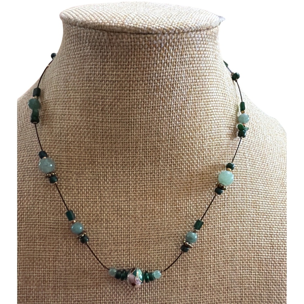 Green Aventurine‎ Jade Floral Cloisonne Beaded Necklace Boho Earthy La
eting